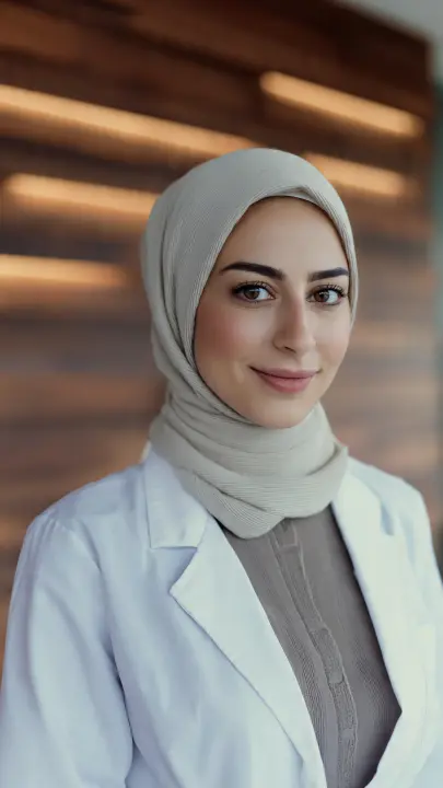 Professional female doctor or health specialist portrait in white coat, holding tablet