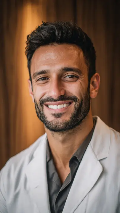 Confident, smiling male doctor portrait, white coat and professional clinical environment