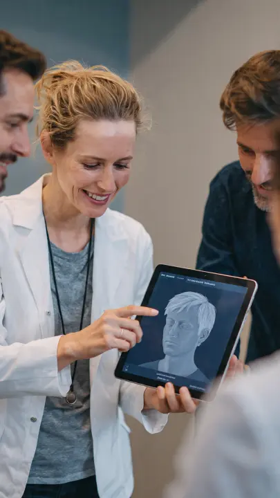 Female expert in white coat explaining personalized treatment or analysis plan shown on tablet with Apple Pencil to a consultant